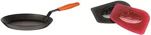 Lodge Manufacturing Company CRS12HH61 Carbon Steel Skillet, 12", Black/Orange & SCRAPERPK Durable Pan Scrapers, Red and Black, 2-Pack