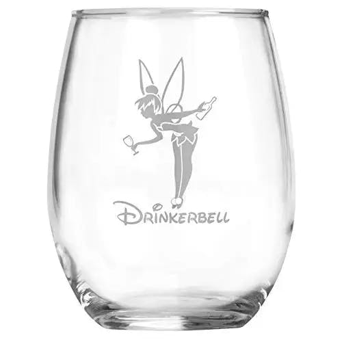 Fairy Gifts - Drinkerbell - 15 oz Stemless Adult Disney Princess Tinkerbell Inspired Wine Glass - Funny Birthday Party Theme - Accessories