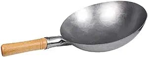 AMDSS Authentic Hand-Hammered Wok, Carbon Steel, Traditional Round Bottom, with Handle Made of Red Beech-36cm