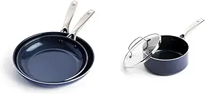 Blue Diamond Cookware Diamond Infused Ceramic Nonstick 9.5" and 11" Frying Pan Skillet Set, Blue & Cookware Diamond Infused Ceramic Nonstick, 2QT Saucepan Pot, Blue