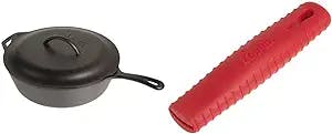 Lodge L10CF3 Cast Iron Covered Deep Skillet, Pre-Seasoned, 5-Quart & ASCRHH41 Silicone Hot Handle Holders for Carbon Steel Pans, Red