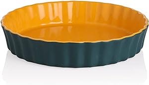 SWEEJAR Ceramic Pie Pan for Baking, 9.5 Inches Round Wavelet Fringe Pie Dish, Non-Stick Pie Plate for Pumpkin Pie, Apple Pie, Pie Pots (Blue & Yellow)