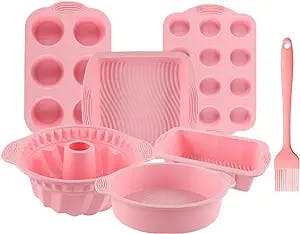 Acidea Nonstick Silicone Bakeware Set, 7set Baking Cake Pan, Economical BPA Free Heat Resistant Bakeware Suppliers Tools Kit with Silicone Brush for DIY Loaf Bread Cheesecake Pizza Cupcake Muffin
