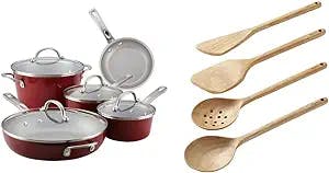 Ayesha Curry Home Collection Nonstick Cookware Pots and Pans Set, 9 Piece, Sienna Red & Ayesha Curry Kitchen Gadgets Parawood Cooking Set with Pan Paddle, Multipurpose Tool, 4 Piece, Brown