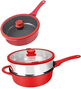 Pot Set Red Non-stick Pan Household Kitchen Frying Pan Steamer Combination Set Less Oily Fume Pot Cooking Pot Soup Pot 24/28cm (Size : 28CM+24CM-A)