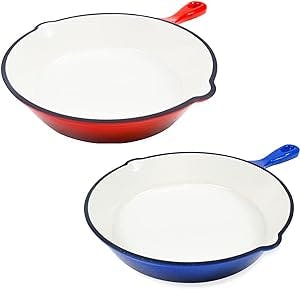 Healthy Choices 8" Enameled Cast Iron Skillet, Blue, Red & White Cast Iron Enameled Skillets, Small White Cast Iron Pan, Oven Safe Blue Round Enamel Frying Pan, BBQ Safe Pans, Stovetop & Induction