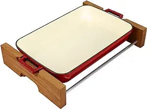 Lava Cast Iron Roasting Pan, Three Layers of Enameled Cast Iron Lasagna Pan, Baking Tray with Service Stand, 10x16 Inch Rectangular Oven Safe Serving Dish (Red)