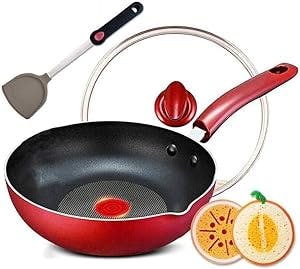 GYDCG Nonstick Wok with Lid, Nonstick Woks and Stir Fry Pans with Red Coating, Large Stir Fry Wok with Lid, Flat Bottom Wok Pan, Induction Compatible Wok Nonstick