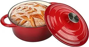 COOKWIN 5 Quart Cast Iron Dutch Oven,Bread Baking Pot with Self Basting Lid, Porcelain Enameled Surface Cookware Pot, Braiser Gifts for Family, Red