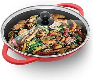 Hawkins 3 Litre Shallow Kadhai, Die Cast Non Stick Frying Pan with Glass Lid, Ceramic Coated Pan, Induction Shallow Frying Pan, Frying Pan, Red (IDCSK3G)