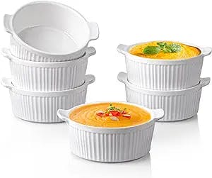 Delling Ramekins with Handle, 6 PACK Soup Bowls for French Onion Soup, Pot Pie, Lava Cakes, Creme Brulee, 12 Oz Porcelain Souffle Dish for Baking, White