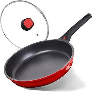 DIIG Nonstick Frying Pan Skillet with Lid, 12 Inch Saute Pan Omelet Sauce Pan Red Cookware, Chef Pan for Cooking, Induction Oven Safe All Stoves Compatible, PFOA FREE