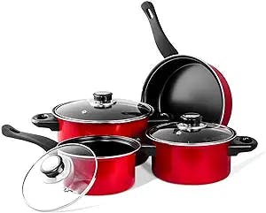 Imperial Home 7 Pc Carbon Steel Nonstick Cookware Set, Pots & Pans Set, Dishwasher Safe Cookware Set, Cooking Set, Kitchen Essentials (Red)