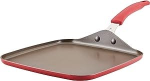 Rachael Ray Cook + Create Nonstick Stovetop Griddle/Grill Pan, Square, 11 Inch, Red