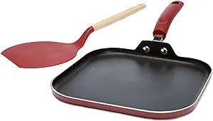 Goodful Aluminum Non-Stick Square Griddle Pan/Flat Grill, Made Without PFOA, with Nylon Pancake Turner, Dishwasher Safe Cookware, 11" x 11", Red