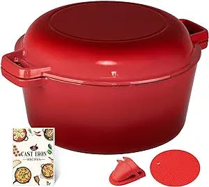 Overmont 2 in 1 Enameled Cast Iron Dutch Oven with Skillet Lid & Cookbook for Induction, Electric, Grill, Stovetop, Bread Baking (5 Quart)