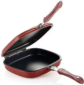 GULRUH Skillet, Nonstick Double Sided Pan Red Barbecue Omelette Saucepan Square Non-Stick Pan Grilled Fried Baking Frying 28cm Kitchen Cookware
