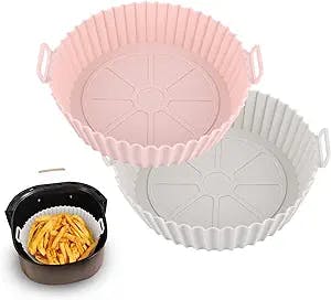 2-Pack Air Fryer Silicone Liners Pot for 3 to 5 QT, Air Fryer Silicone Basket Bowl, Replacement of Flammable Parchment Paper, Reusable Baking Tray Oven Accessories, Grey+Pink, (Top 8in, Bottom 6.88in)