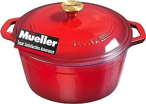 Mueller DuraCast 6 Quart Enameled Cast Iron Dutch Oven Pot with Lid, Heavy-Duty Casserole Dish, Braiser Pan, Stainless Steel Knob, for Braising, Stews, Roasting, Baking, Safe across All Cooktops, Red