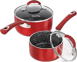 MICHELANGELO Sauce Pan Sets, 1 Qt and 2 Qt Saucepans with Lids, Enameled Sauce Pan with lid, Small Pot with Lid, Non-Stick Saucepan Set, Sauce Pot with Silicone Handle, Oven Safe, Red