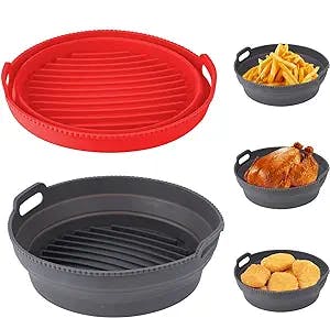 Air Fryer Silicone Liners, Collapsible Pot Liners, Foldable Reusable Round Basket Heat Resistant Replacement of Parchment Paper, Non-Stick Baking Accessories for Air Fryers Oven, 2 Pack… (Grey+Red)