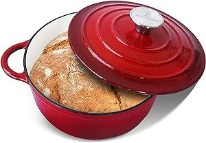 Trustmade Cast Iron Dutch Oven, 4.5QT Enamel Coated Bread Baking Pot with Self Basting Lid, Red