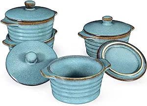 Creme Brulee Ramekins 8 oz with Lids, Oven Safe Bowls for French Onion Soup - Souffle Dish, Mini Covered Casserole Dish, Pot Pie Baking Dishes Set of 4, Reactive Blue