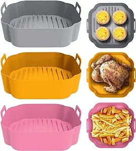 3Pcs Air Fryer Silicone Liners, 8in Air Fryer Silicone Pot With Handle, Square Air Fryer Silicone Basket Replacement of Parchment Paper Liners, for Air Fryer Oven Microwave (Pink + Grey + Ginger)