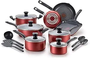 T-fal Initiatives Nonstick Cookware Set 18 Piece Pots and Pans, Dishwasher Safe Red