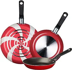 Ekco 3-Piece Frying Pan Set (7.1, 7.9 & 9.4 IN) For all Stovetops, Dishwasher Safe - 100% Aluminum Skillets with Premium Non-Stick & Riveted Bakelite Handle (Caramel Red & White) PFOA & PTFE Free