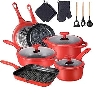 imarku Pots and Pans Set, Nonstick 16 Pieces, Cookware Sets with Granite Coating, Kitchen Cookware Set Suitable for All Cooktop, PFOA Free Pans for Cooking, Gift Cookware, Red