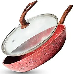 CopperKitchen 10 Inch Frying Pan with Special Lid - Deluxe Copper Granite Stone Coating - PFOA PFOS PTFE Free - Premium Nonstick Scratch Proof Coating - Comes with Special Lid, Red