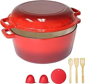 Enameled 2in1 Cast Iron Dutch Oven Pot with Grill Lid – 5 Quart Dutch Oven with Lid Cast Iron, 8pc Accessories Set, Serves as Both Casserole & Stovetop Grill Pan for Gas, Electric & Ceramic Stoves, Never Needs Seasoning, Red Enamel Dutch Oven for Cooking & Baking