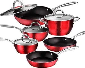 AMERICOOK 10 Piece Diamond-Infused Pans and Pots Set, Induction Cookware Set Aluminum Pans and Pots with Sturdy Glass Lids, Dishwasher Suitable, Red