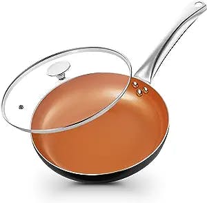 11" Copper Nonstick Frying Pan - Skillet for Frying with Lid, 100% PFOA-Free, All Stove Tops Available, Ceramic Nonstick Coating, Stainless Steel Handle, Cooking Skillet with Lid. Pan for Oven & Stove