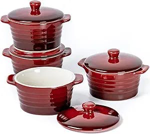 UNICASA 8 oz Mini Casserole Dish with Lid, Ceramic Ramekins with Handles Set of 4 for Baking, Round Small Cocotte Oven Safe for Cooking (Red)