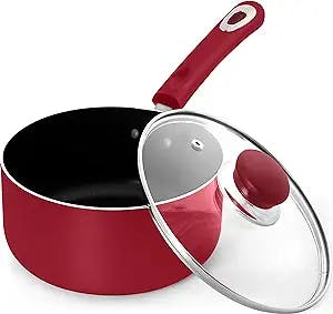Utopia Kitchen 2 Quart Nonstick Saucepan with Glass Lid - Induction Bottom - Multipurpose Use for Home Kitchen or Restaurant (Red-Black)