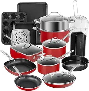 Granitestone Red Pots and Pans Set Nonstick, 20 Pc Kitchen Cookware Set & Bakeware Set with Mineral & Diamond Coating, Long Lasting Nonstick, Ultra Durable, Oven and Dishwasher Safe, 100% Toxin Free