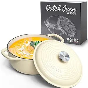 Segretto Cookware Enameled Cast Iron Dutch Oven Pot with Lid 4.57 Quarts, Bianco Perla (Off-White) White Enamel Dutch Oven Cast Iron with Handle Ceramic Cooking Pot for Bread Baking, Basting, Cooking