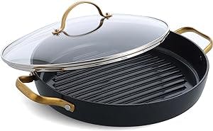 GreenPan Reserve Hard Anodized Healthy Ceramic Nonstick, 11" Grill Pan with Lid, Gold Handle, PFAS-Free, Dishwasher Safe, Black
