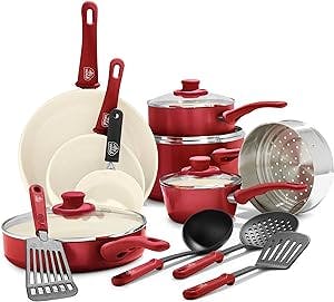 GreenLife Soft Grip Healthy Ceramic Nonstick 16 Piece Cookware Pots and Pans Set, PFAS-Free, Dishwasher Safe, Red
