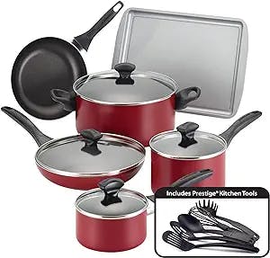 Farberware Dishwasher Safe Nonstick Cookware Pots and Pans Set, 15 Piece, Red