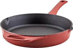 Rachael Ray Premium Rust-Resistant Cast Iron Frying Pan/Skillet with Helper Handle and Pour Spouts, 10 Inch, Red