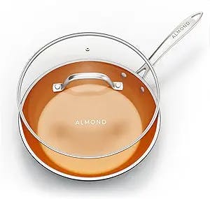 Almond Non-Stick Skillet Frying Pan- Copper Ceramic Fry Pans with Tempered Glass Lid & Stainless Steel Handle, Round Aluminum Saute Pan, Dishwasher and Oven Safe - 12 inches