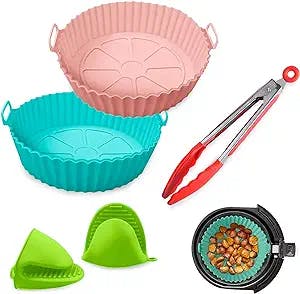 Air Fryer Silicone Pot, air fryer liners silicone Set of 2 with Gloves & Tongs, Food Safe, Reusable Silicone Air Fryer Liners Fits 3-5 QT Air Fryer, 5 Piece Set- air fryer silicone baking tray