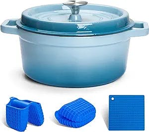 MICHELANGELO Dutch Oven Pot with Lid, 5 Quart Dutch Oven Cast Iron, Enameled Cast Iron Dutch Oven with Lid, Enamel Dutch Oven for Bread Baking, 5 Qt Dutch Oven Pot with Silicone Accessories, Blue