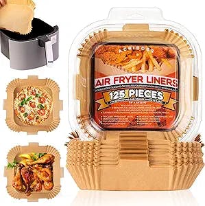 Air Fryer Liners 7.9 inch, 125 Pcs Square Disposable Paper Liners with Four Handles, Oil-proof Water-proof Parchment Paper, Food Grade Cooking Paper for Air Frying, Baking, Roasting Microwave