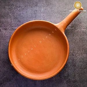 SWADESHI BLESSINGS Unglazed Clay Frying Pan/ Earthen Wok/ Clay Skillet, 10 Inches Exclusive Range/ Curry Sauce Pan/ Griddle/ Spider Fry Pan