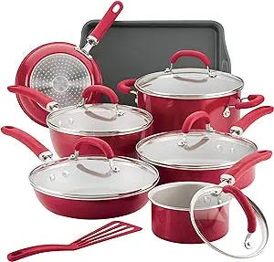 Rachael Ray Create Delicious Nonstick Cookware Pots and Pans Set, 13 Piece, Red Shimmer