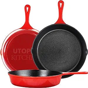 Utopia Kitchen Pre-Seasoned Cast Iron Skillet Set 3-Piece - 6 Inch, 8 Inch and 10 Inch Cast Iron Set (Red)